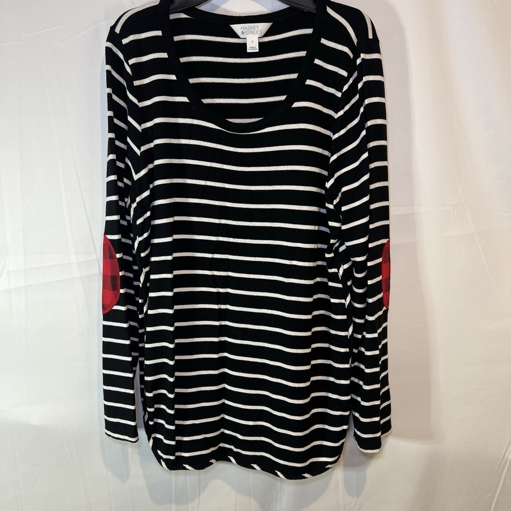 Market & Spruce Women's Size L Long Sleeve Stripe Sweater Red Patch Elbow